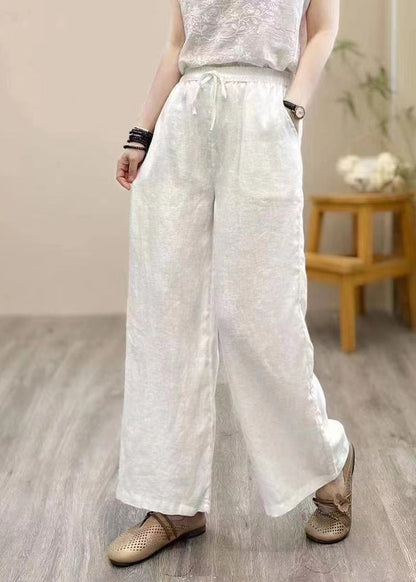 Khaki Elastic Waist Linen Straight Pants Summer