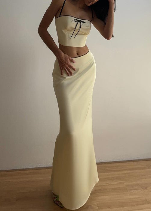 Yellow Bow Spaghetti Strap Tank and Skirts Silk Two Pieces Set Sleeveless
