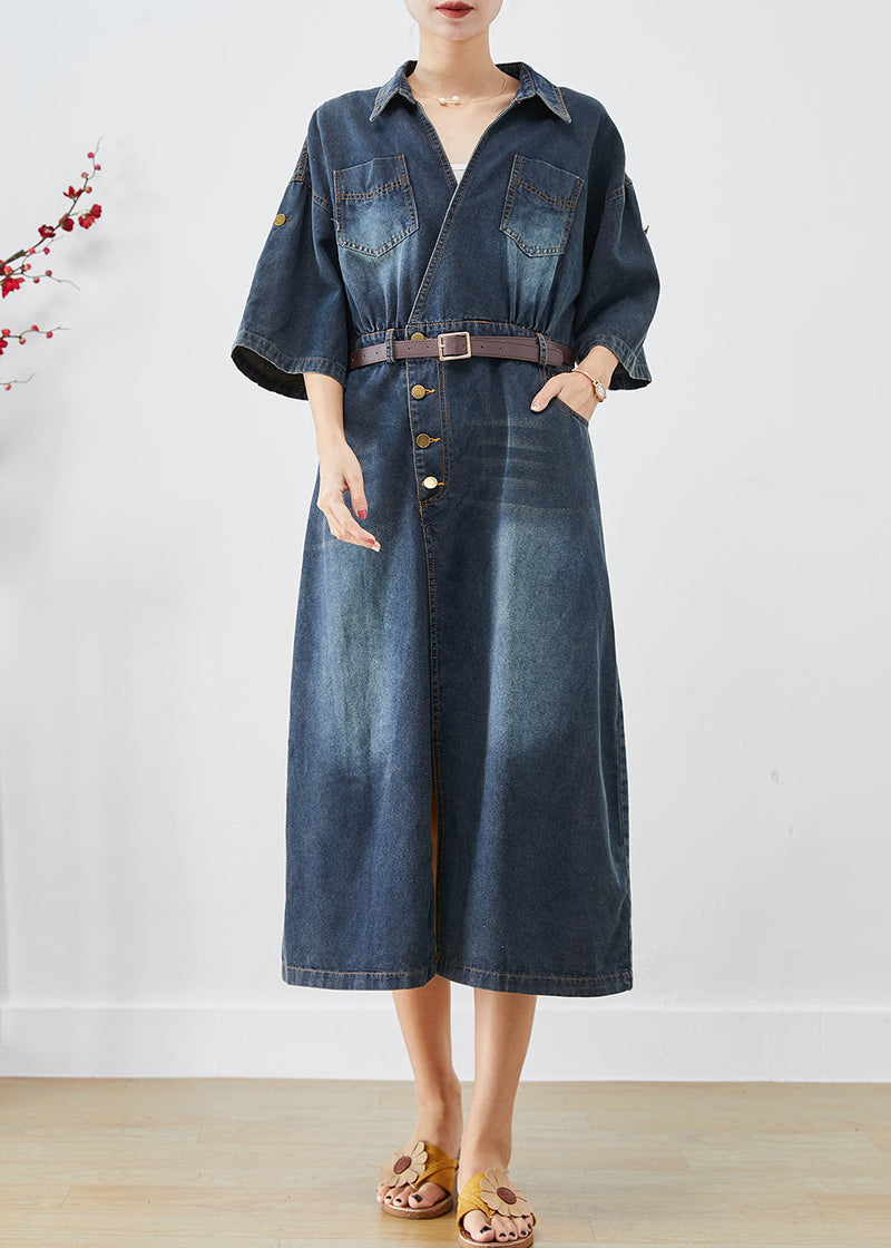 Navy V Neck Denim Holiday Dress Spring