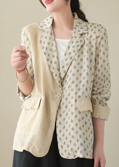 Beige Peter Pan Collar Print Ramie Coats Long Sleeve