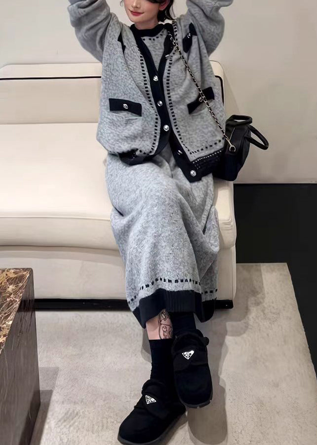 New Grey Button Cardigans and Dresses Knit Two Pieces Set Winter