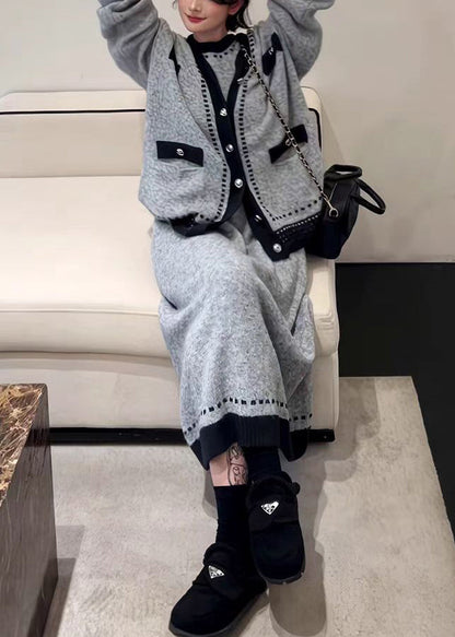 New Grey Button Cardigans and Dresses Knit Two Pieces Set Winter