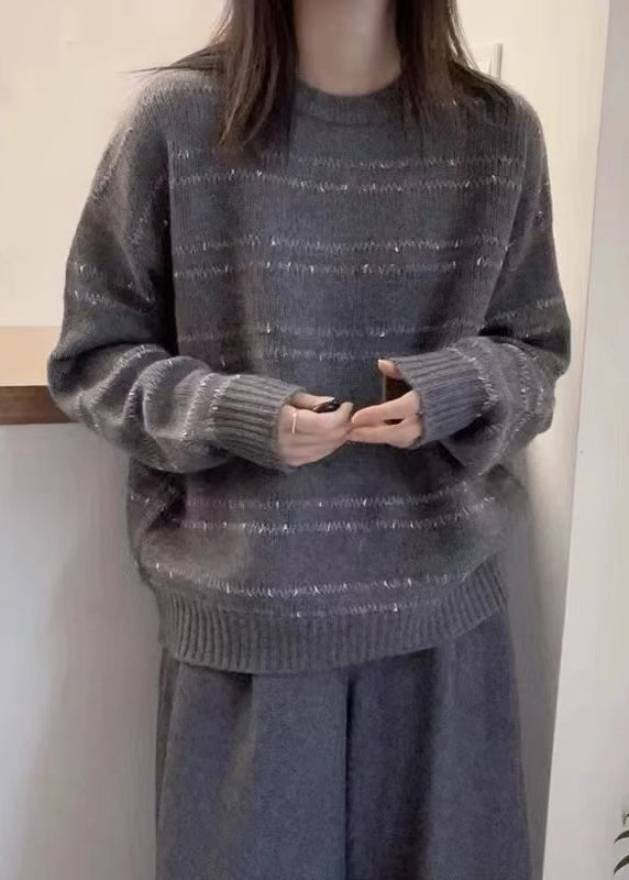 Dark Grey O-neck Striped Wool Knit Sweater Fall