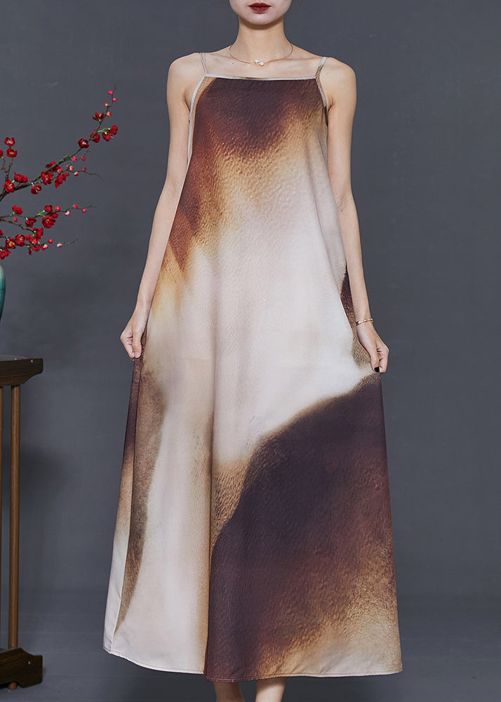 Brown Tie Dye Draping Silk Spaghetti Strap Dress Summer