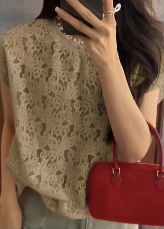 Orange O Neck Hollow Out Lace T Shirt Summer