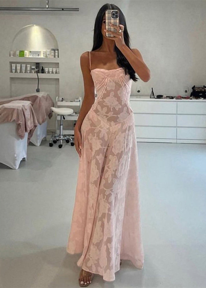 Jacquard Pink Sheer Lace Long Spaghetti Strap Dress Summer