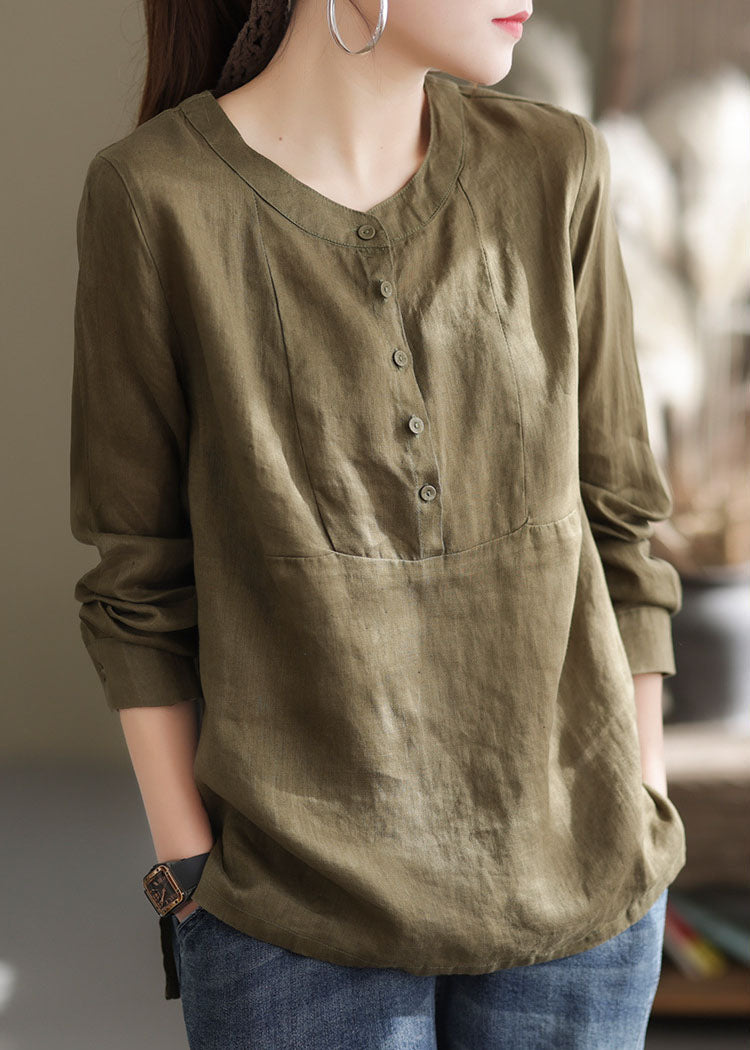 Classy Green O-neck Button Patchwork Linen Shirt Top Long Sleeve