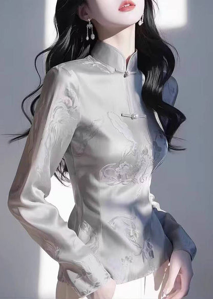 Slim Fit Grey Stand Collar Print Tops Fall