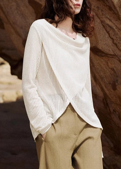 Handmade Beige Asymmetrical Ice Silk Knit Shirt Spring