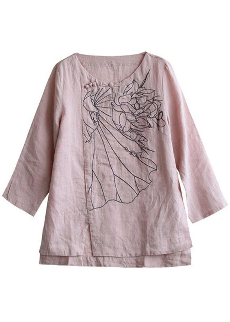 Pink O-neck Button Embroidered Fall Linen Long Sleeve Top