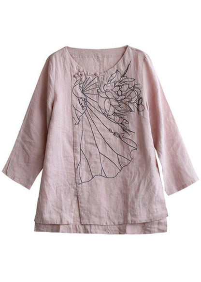 Pink O-neck Button Embroidered Fall Linen Long Sleeve Top