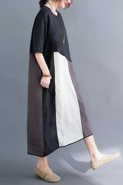 -summer Loose Colorblock Cotton Linen Dress