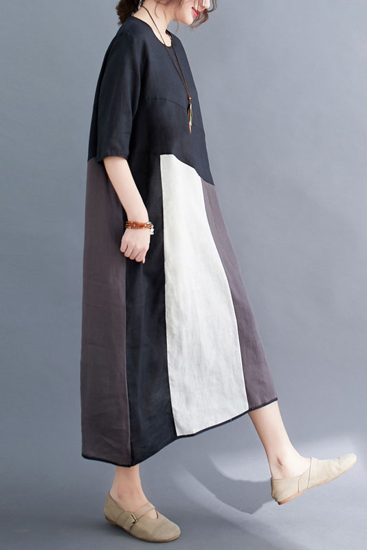 -summer Loose Colorblock Cotton Linen Dress