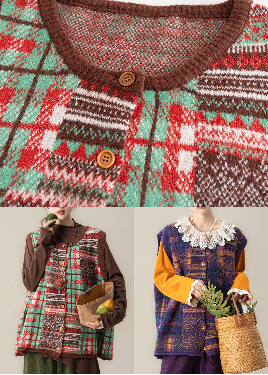 Art Purple Oversized Print Knit Vests Winter