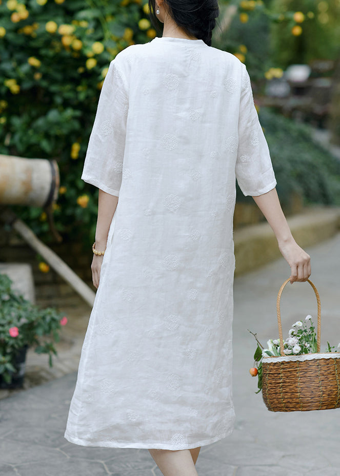 Original Design White Embroideried Linen Long Dresses Summer