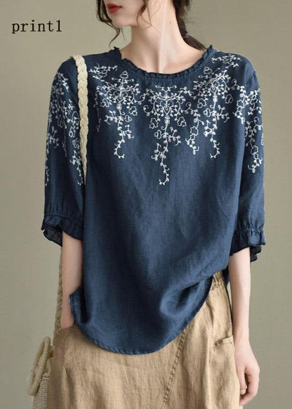 Handmade Navy Lantern Sleeve O-neck Embroidered Summer Ramie Blouses