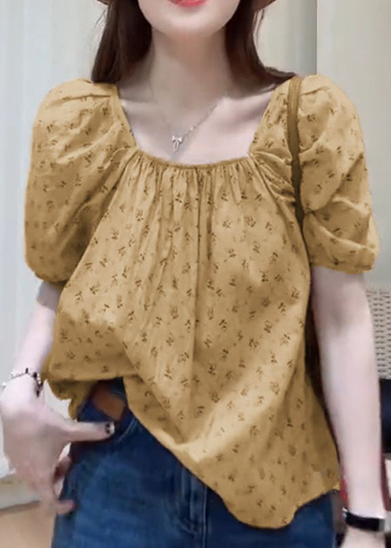 Khaki Square Collar Print Cotton Top Summer