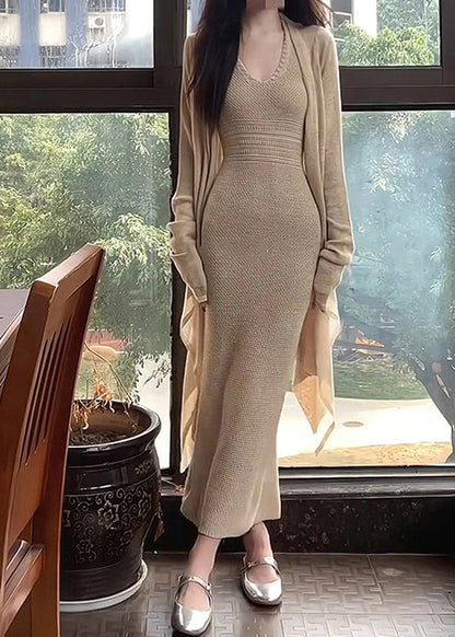 Apricot O-neck Halter Tunic Knit Cardigans and Long Dress Two Piece Set Fall
