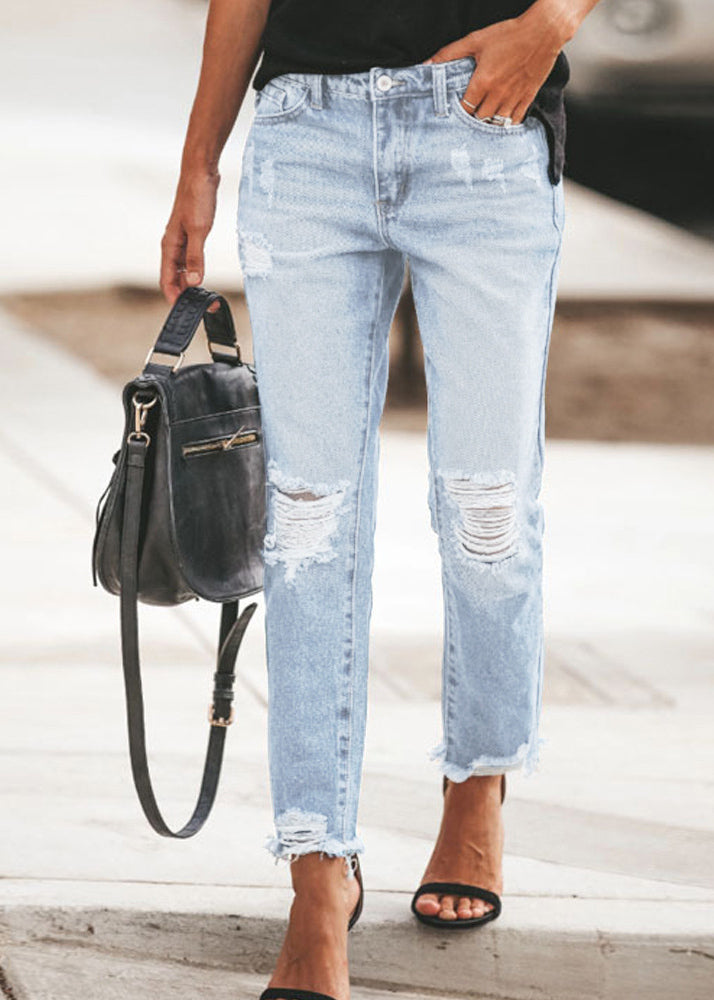 Blue Pockets Ripped Denim Pants Summer