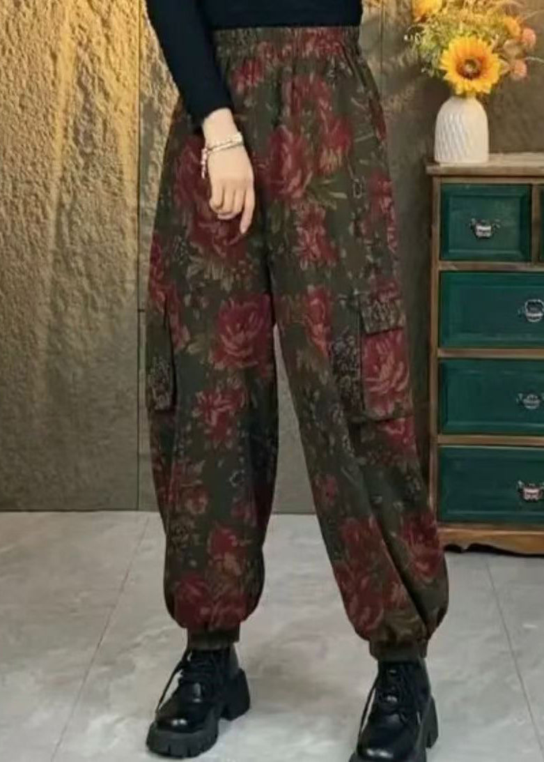 Coffee Pockets Print Elastic Waist Cotton Pants Spring
