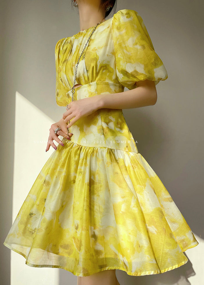 Yellow O Neck Print High Waist Dress Summer