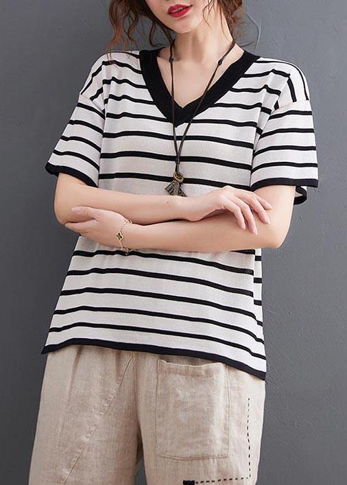 White Striped Cotton Linen Tops Summer