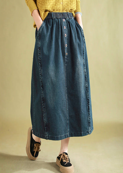 Blue Ruffled Button Denim a Line Skirt Spring