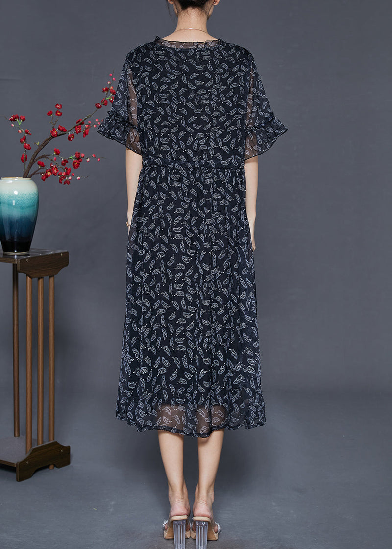 Black Cinched Print Chiffon Long Dresses Summer