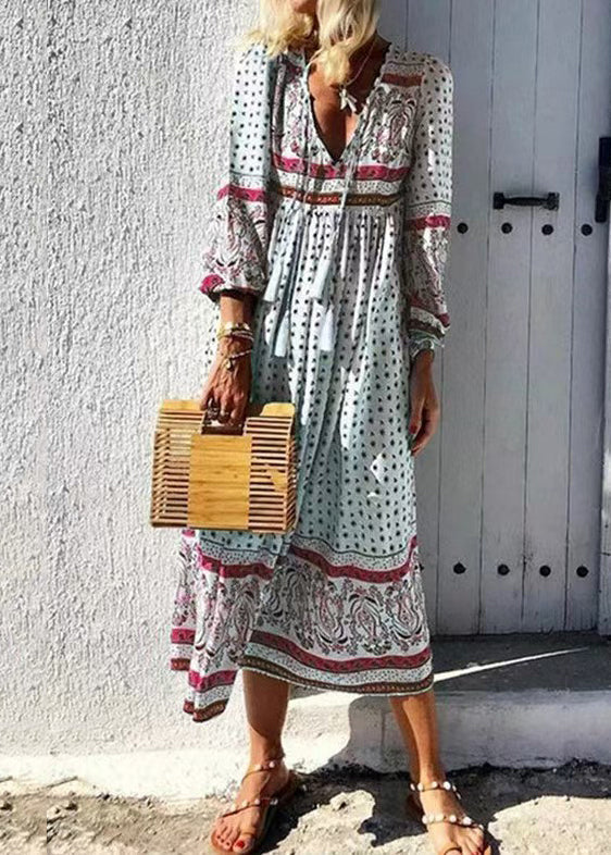 Red V Neck Print Lace Up Cotton Long Dresses Spring