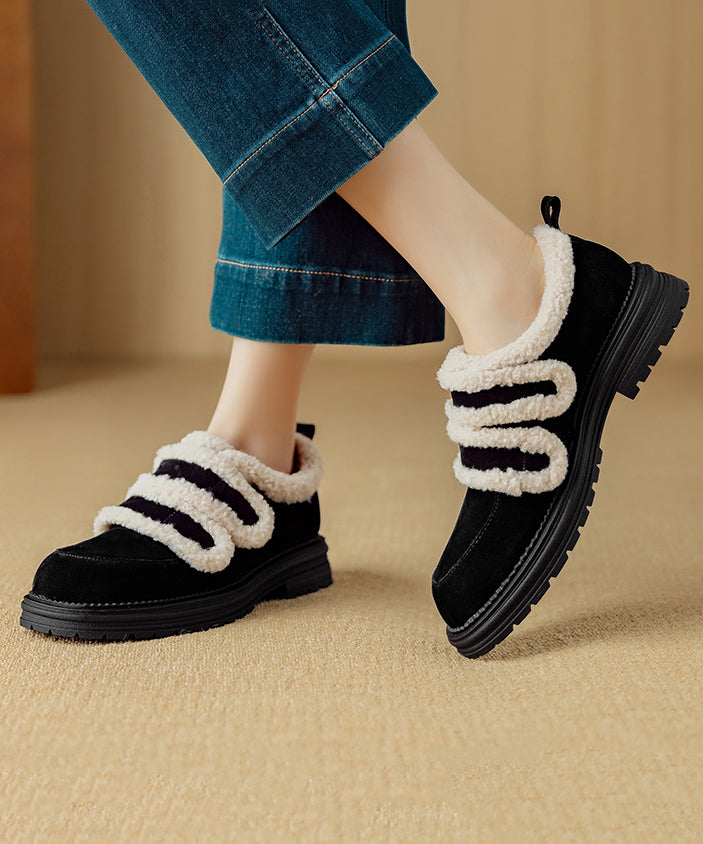Brown Fuzzy Wool Lined Splicing Suede Platform Flats