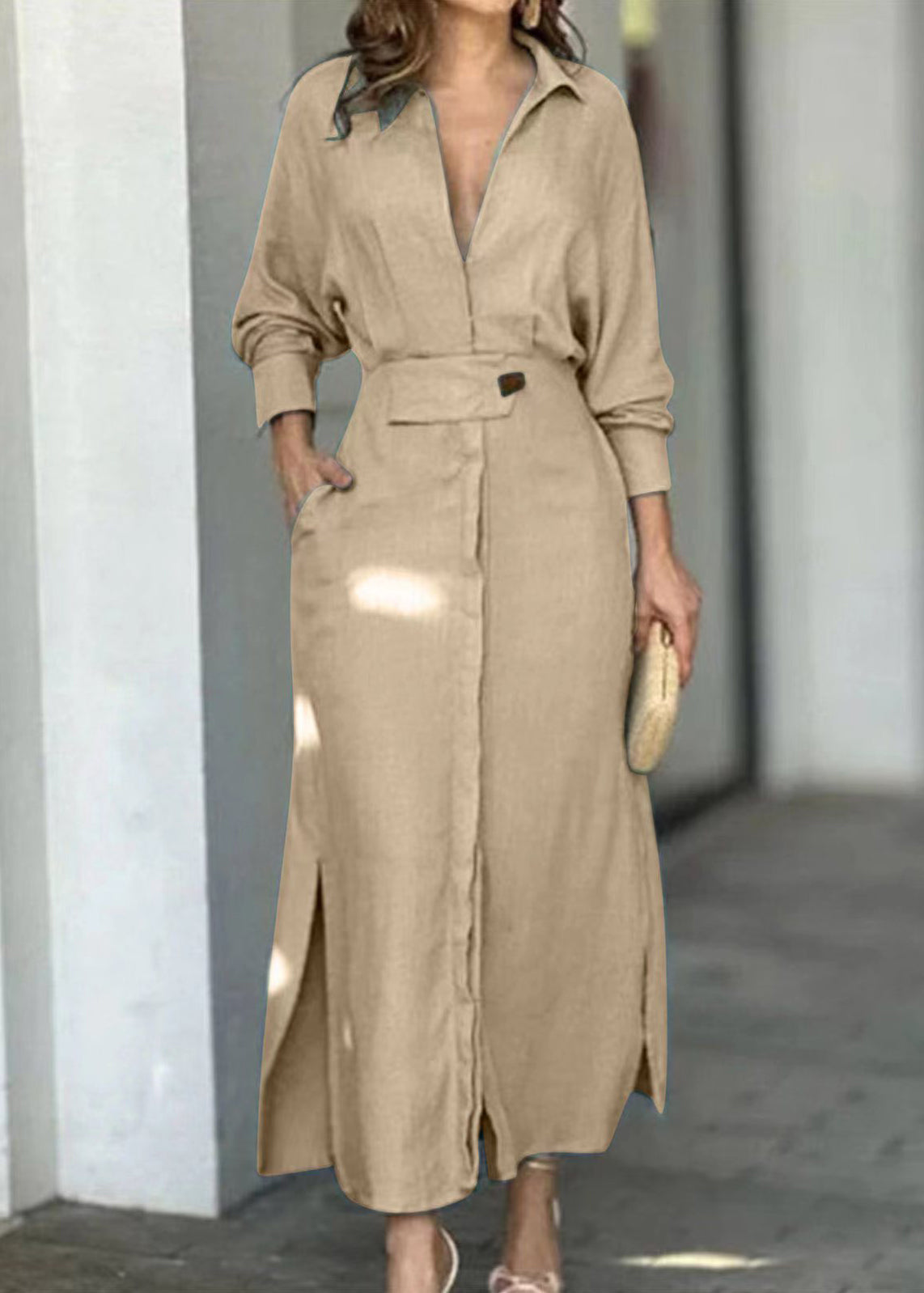 Apricot Peter Pan Collar Side Open Cotton Dress Full