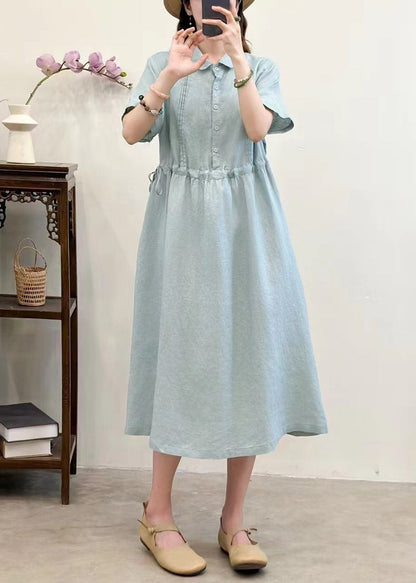 Navy Lace Up Linen Summer Long Dress Peter Pan Collar
