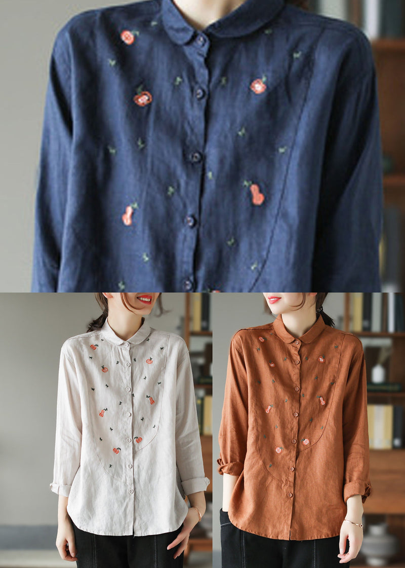 Orange Patchwork Linen Blouses Embroidered Spring