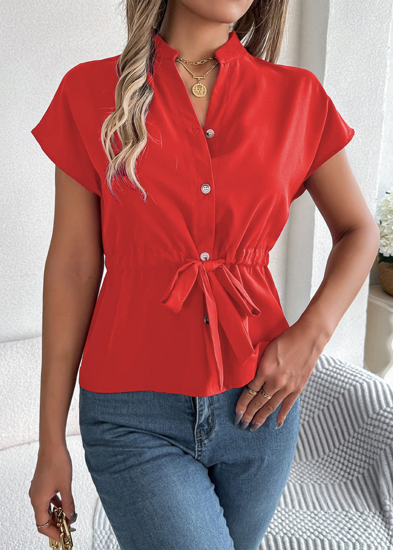 Fitted Blue V Neck Lace Up Chiffon Shirt Tops Summer