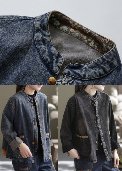 Black Oversized Pockets Patchwork Cotton Denim Coats Fall