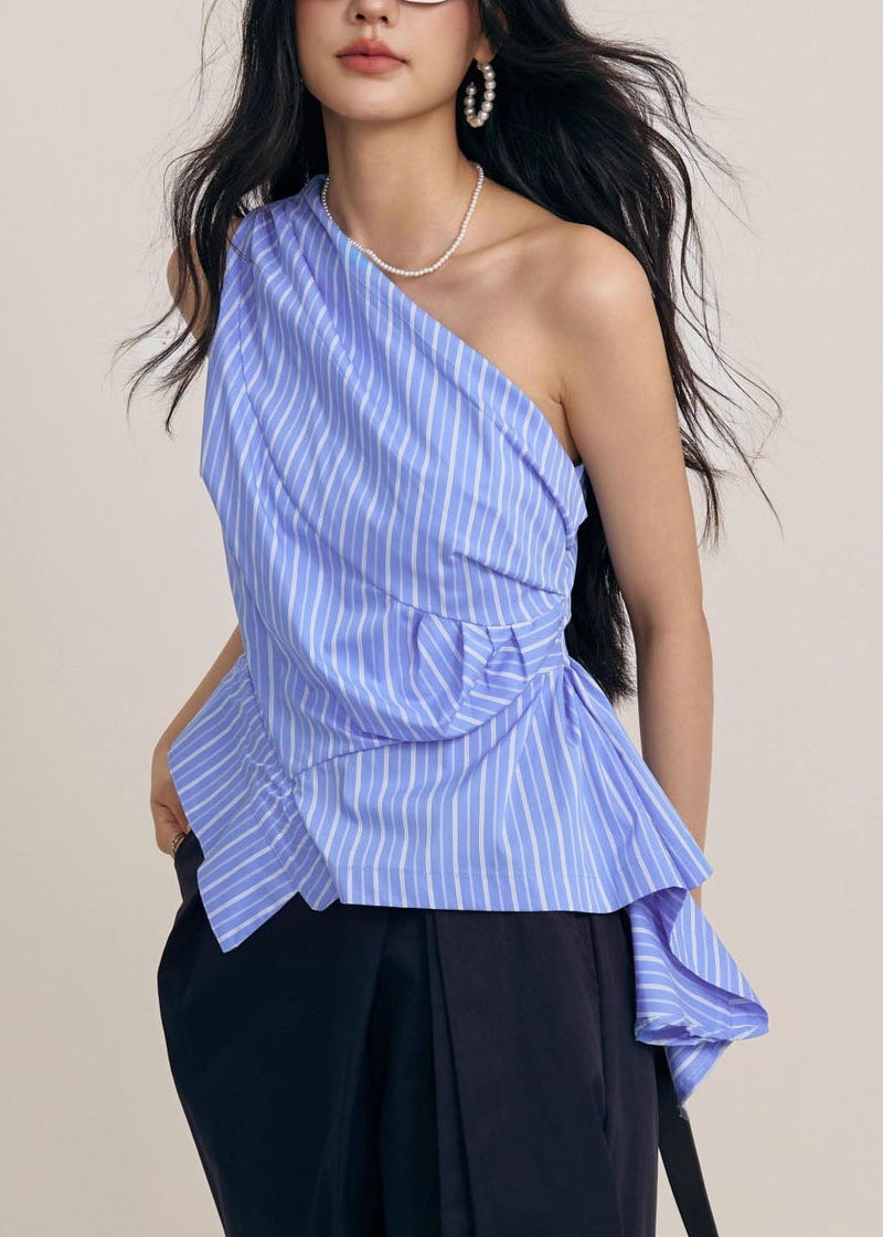 Blue Asymmetrical One Shoulder Wrinkled Striped Tops Sleeveless