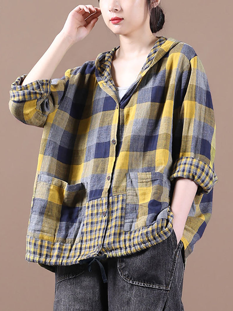 Loose Stitching Drawstring Cotton Linen Hooded Blouse Shirt