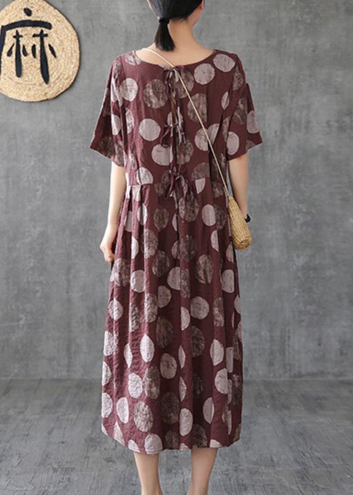 Chocolate Dotted Linen Cotton Clothes O Neck Cinched Robe Dress