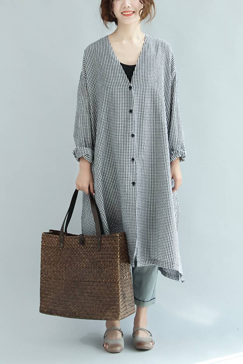 Spring Linen Plaid Loose Long Shirt Dress