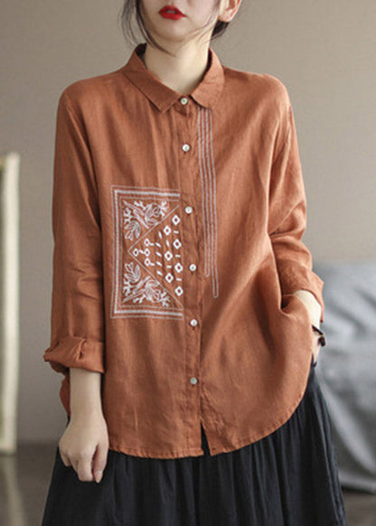 Purple Peter Pan Collar Embroidered Button Linen Shirt Long Sleeve
