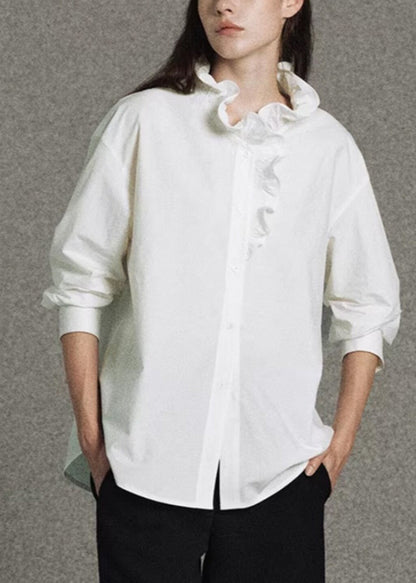 White Ruffled Cotton Shirt Top Spring
