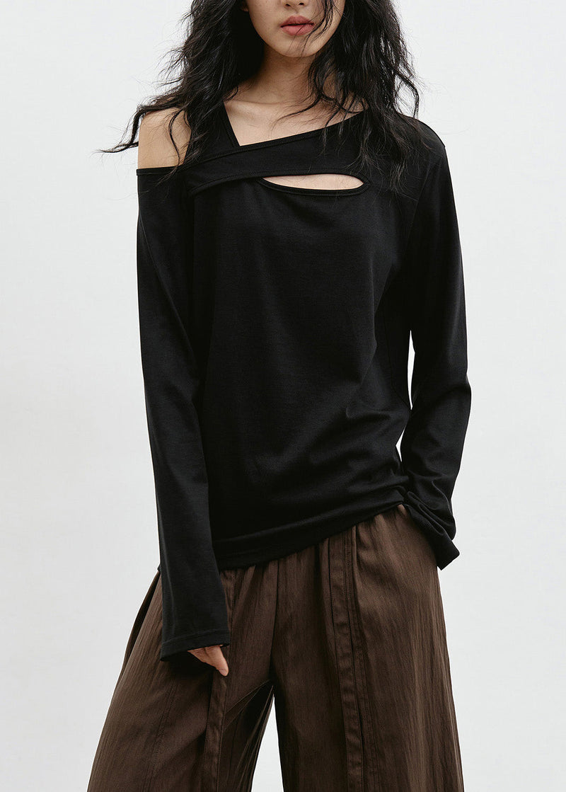 Black Cold Shoulder Patchwork Cotton T Shirt Top Spring