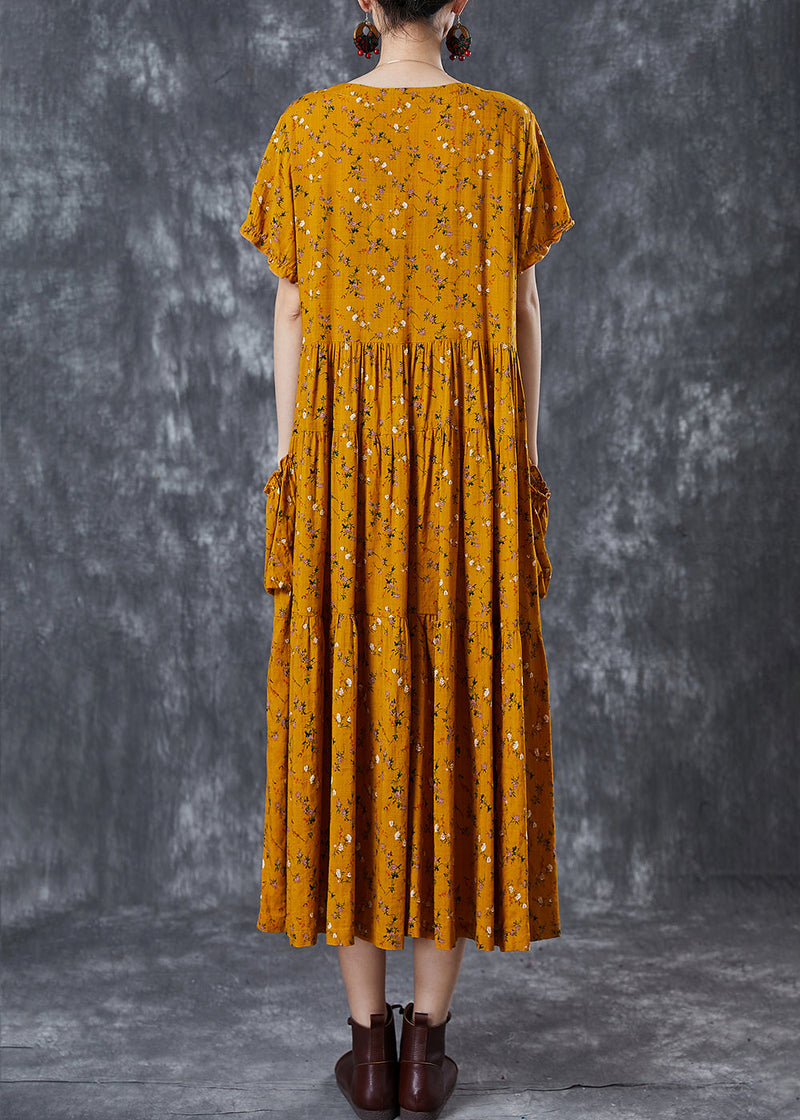 Yellow Cinched Print Cotton Dress Summer