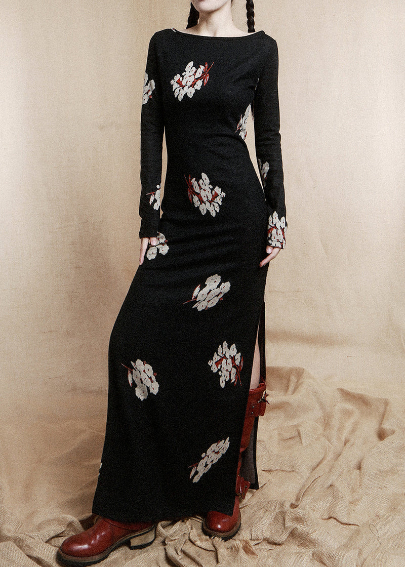 Black Beading Wear on Both Sides Cotton Dress Long Sleeve