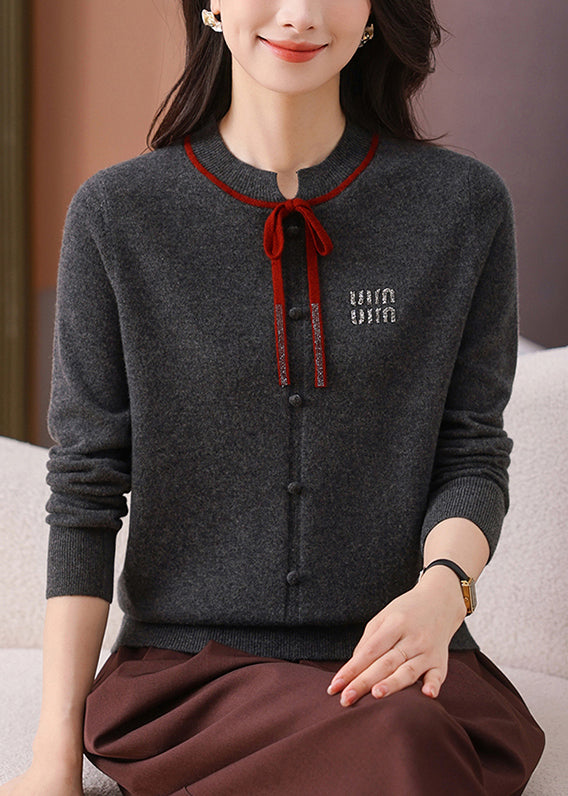 Dark Gray O Neck Lace Up Woolen Short Sweater Winter