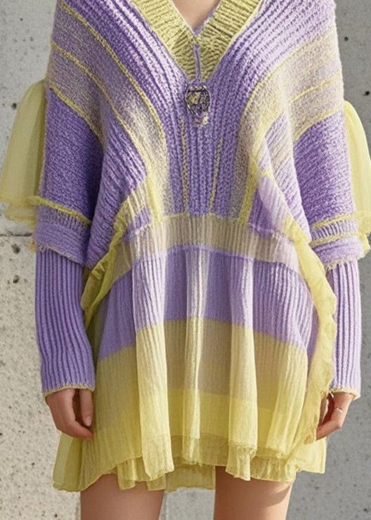 Purple Oversized Patchwork Tulle Knitted Dress Fall