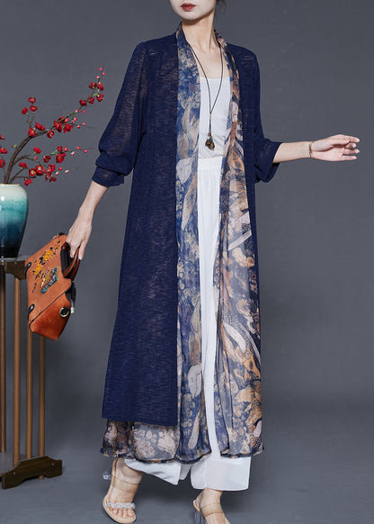 Navy Patchwork Silk Cardigan Fake Two Piece Summer