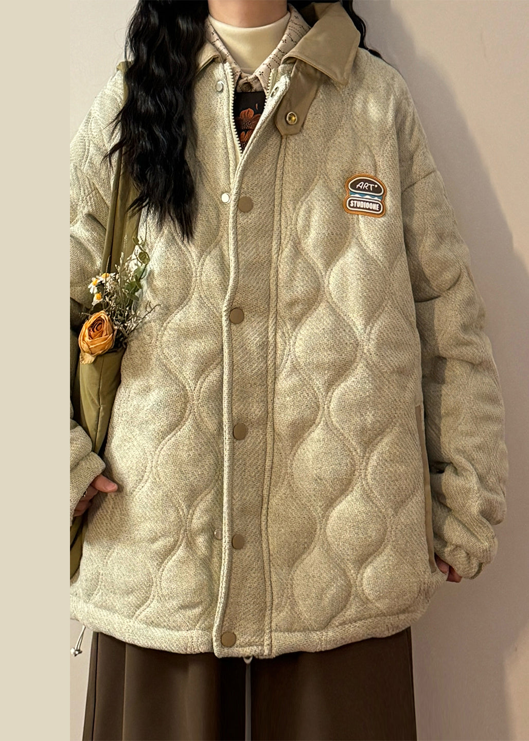 Loose Light Beige Peter Pan Collar Drawstring Faux Leather Patchwork Coat Winter