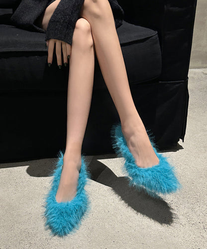 Blue Fuzzy Fur High Heels Pointed Toe