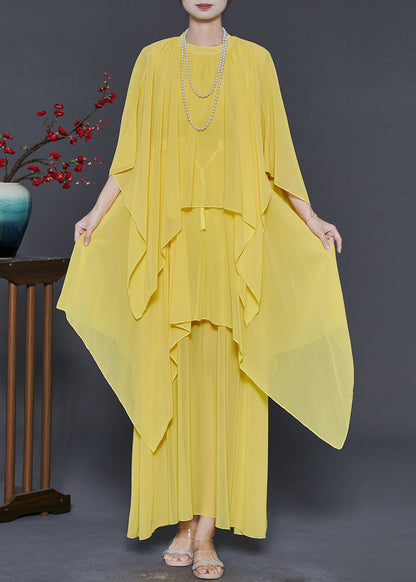 Yellow Chiffon Long Dresses Asymmetrical Design Summer